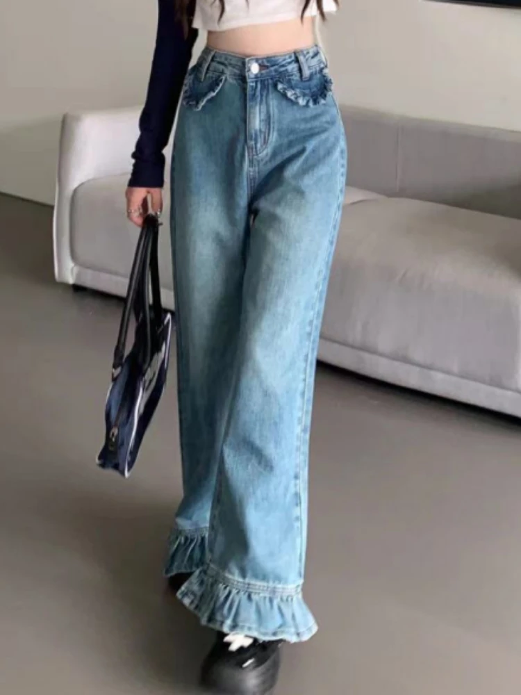 Wide Leg Jeans Women Ruffles Design Streetwear Vintage Female Elegant Personality Korean Style High Waist Fashion Harajuku Solid