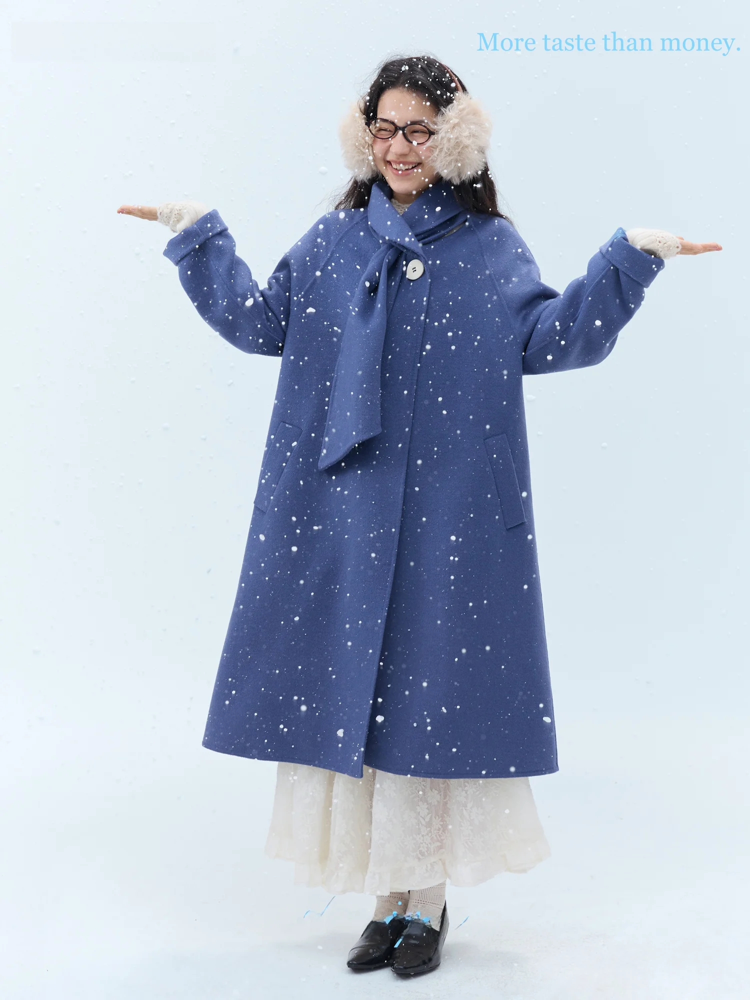 

Ele Double-Faced Woolen Coat with Scarf Collar in Blue-Violet for Women Thi Autumn Outerwear No Hat Rainy Manchester Se...