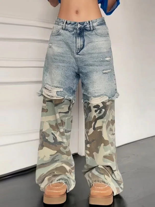 

Streetwear Camouflage Patchwork Baggy Jeans Women Harajuku Aesthetic Y2k Ripped Denim Trousers Vintage Trashy 2000s Cargo Pants
