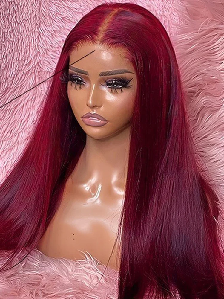 

Цветной парик 99J Burgundy 13x4 с HD-кружевной передней частью, предварительно прорезанный, премиум-класса, из прямых перуанских человеческих волос, для женщин