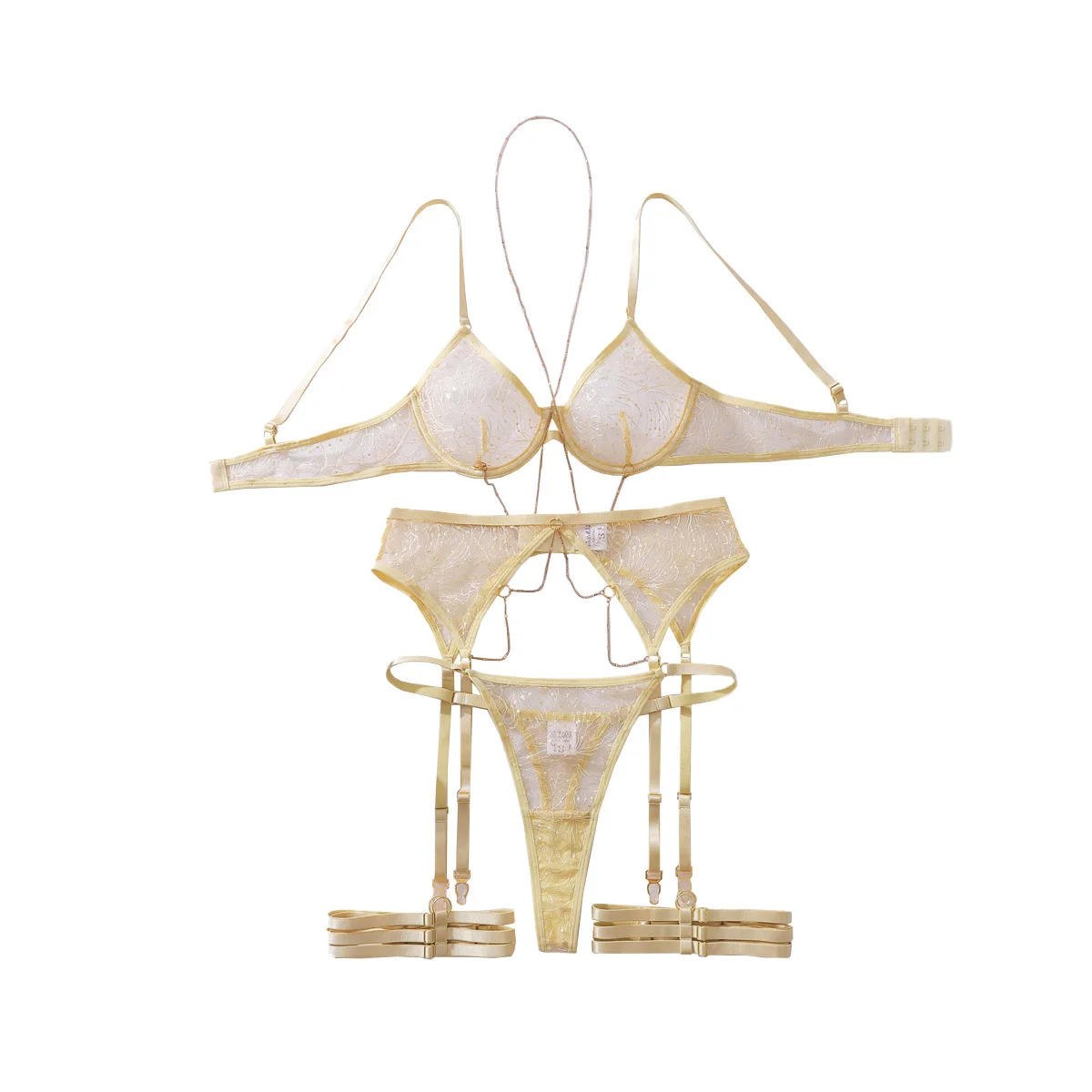

Sexy Complex Craftsmanship Metal Chain Decoration Lingerie Set Women's Perspective Lace Body Shaping Thin Underwear Split Set