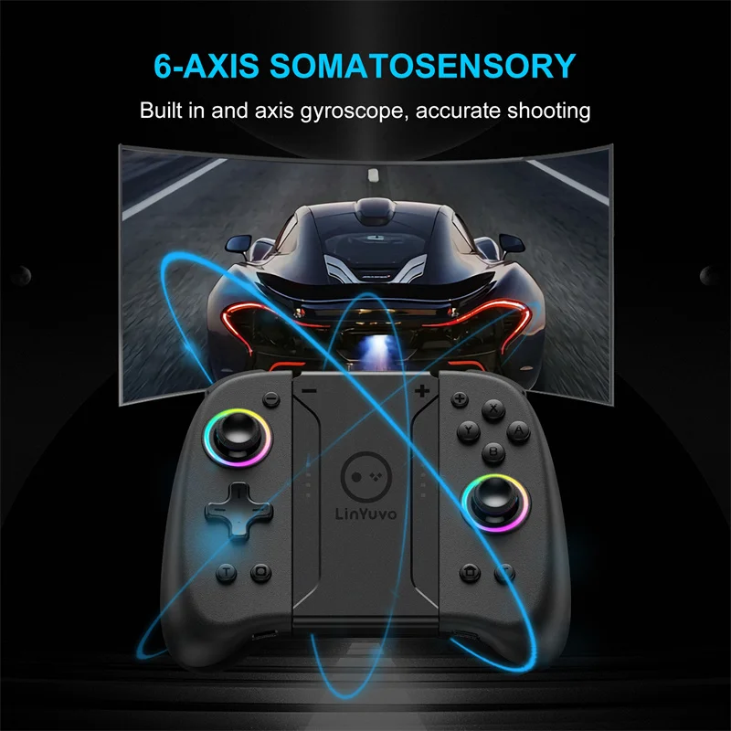 LinYuvo-KS31 Controlador Joypad, Auto-Fire, Wake-up, Somatossensorial, Turbo de 6 Eixos, Compatível para Nintendo Switch, OLED Joystic