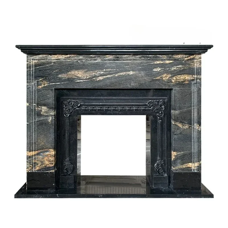 Black gold flower marble fireplace French retro American simple villa living room stone fireplace decoration