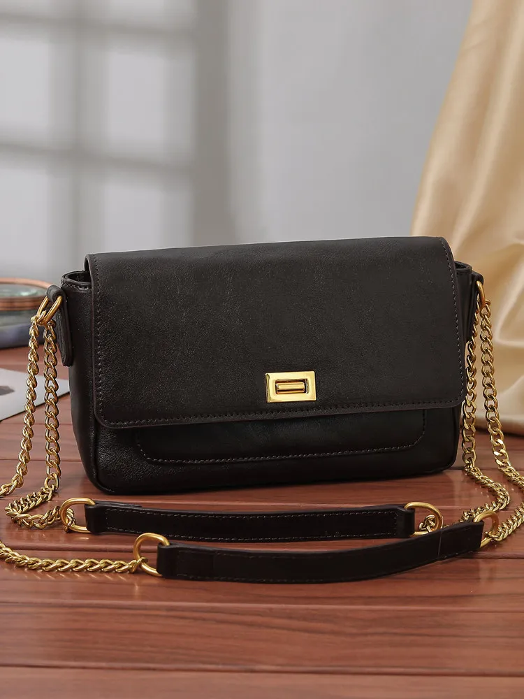

Women Leather Shoulder Bag Vintage Crossbody Purse Top Grain Cowhide Chain Strap