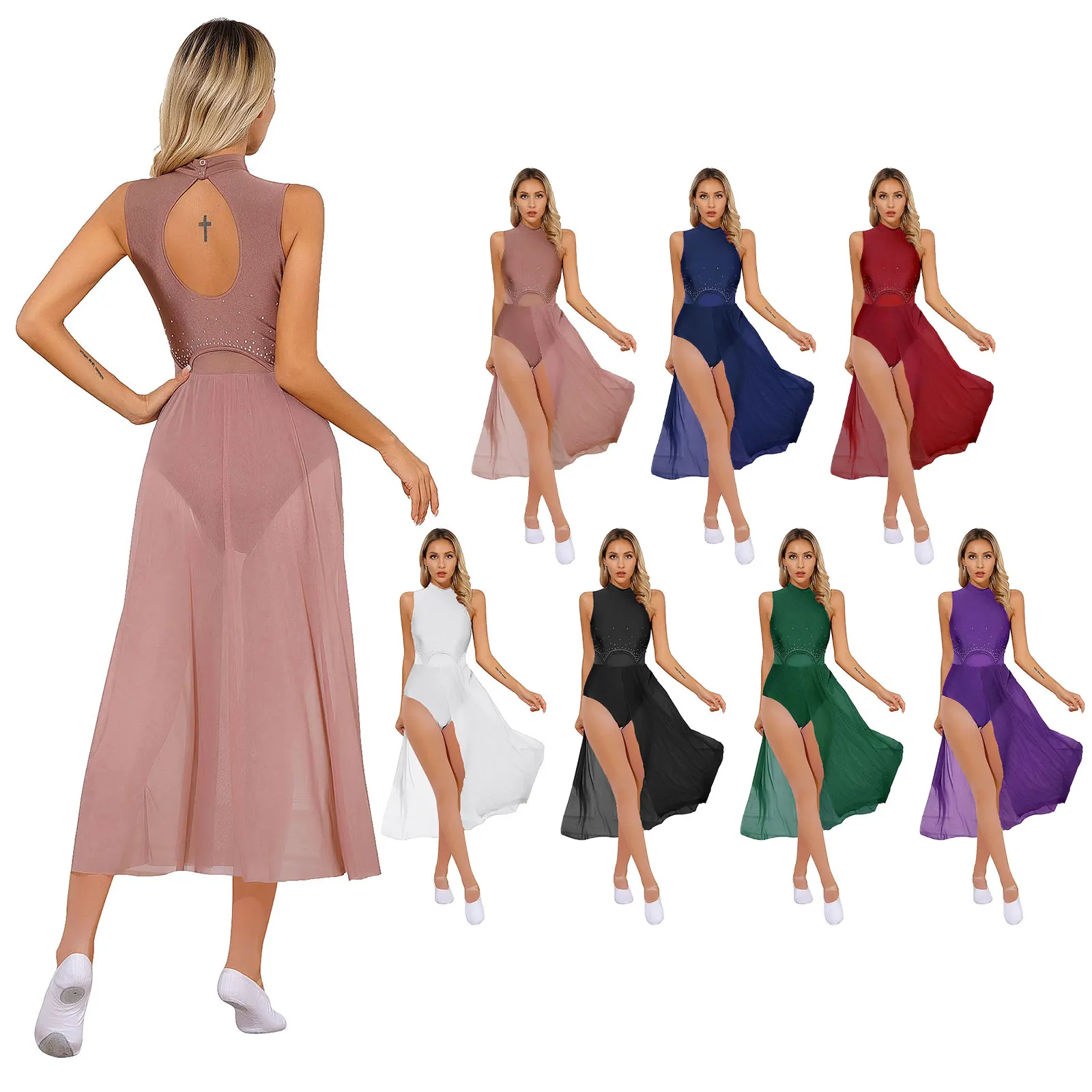 

Womens Keyhole Back Sleeveless Lyrical Modern Dance Dress Stage Performance Costume Rhinestone Split Patchwork Leotard Dresses