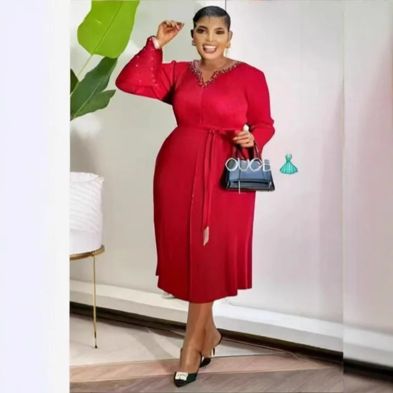 미야케 플리츠 미니멀리스트 솔리드 플러스 사이즈 드레스 2025 가을 패션 플리츠 비즈 장식 우아한 솔리드 컬러 롱 플리세 드레스 여성용