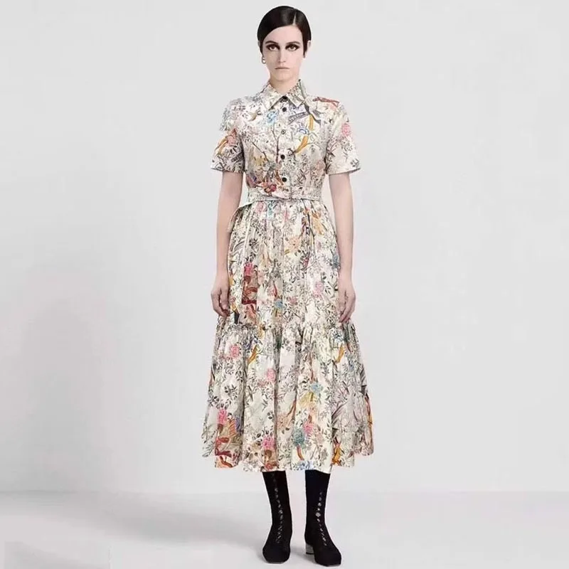 فستان قميص أنيق لربيع وصيف 2023 مع حزام وزر واحد وطباعة مقطعة عند الخصر، فستان عرض أزياء أنيق