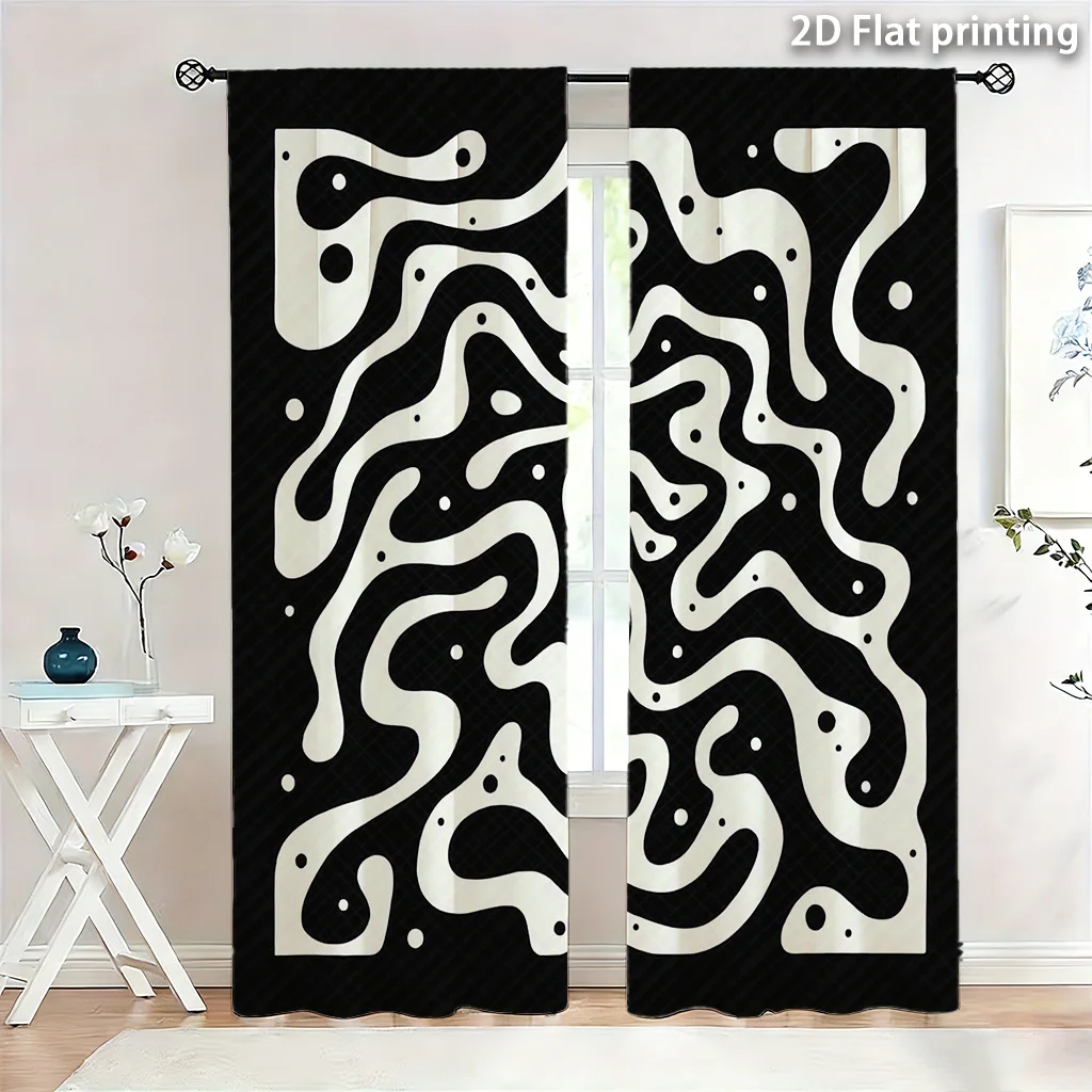 Modern Abstract Wave Pattern Curtains Black White Geometric Decorative Window Panels Pair Privacy Room Curtain for Living Room B