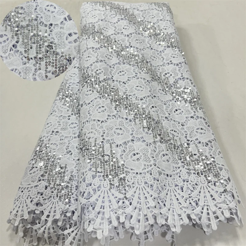 2025 Guipure Lace Fabric High Quality 5 Yards Knitted White Nigerian African Sequins Cord Lace Fabric Dress for Women A4070