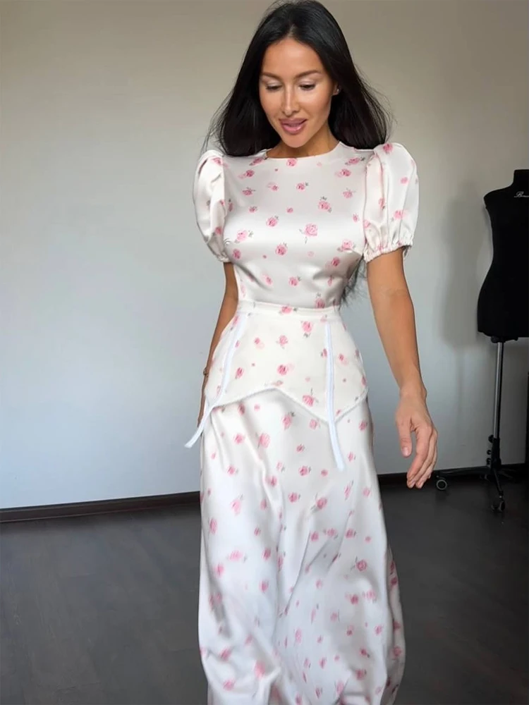 

Sweet Printed Satin Skirt Set Elegant Round Collar Short Sleeve High Waist Top Skirts Suit Chic Lady Fashion Street Outfit 2026