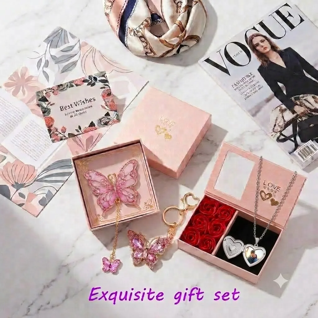 Custom Photo Keepsake Box Luxury Jewelry Gift Set Heart Locket Necklace Metal Butterfly Bookmark Soap Rose Flower Present Case