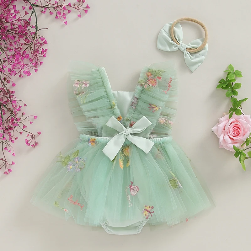 Baby Girl 2Pcs Summer Outfits Ruffle Sleeveless Floral Embroidery Tulle Skirt Romper with Headband Set