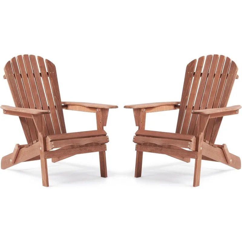 مجموعة كراسي آديرونداك الخشبية القابلة للطي في الهواء الطلق مكونة من 2 مع مسند خلفي مجمع مسبقًا، كرسي فناء خشبي لشرفة الفناء الخلفي للحديقة