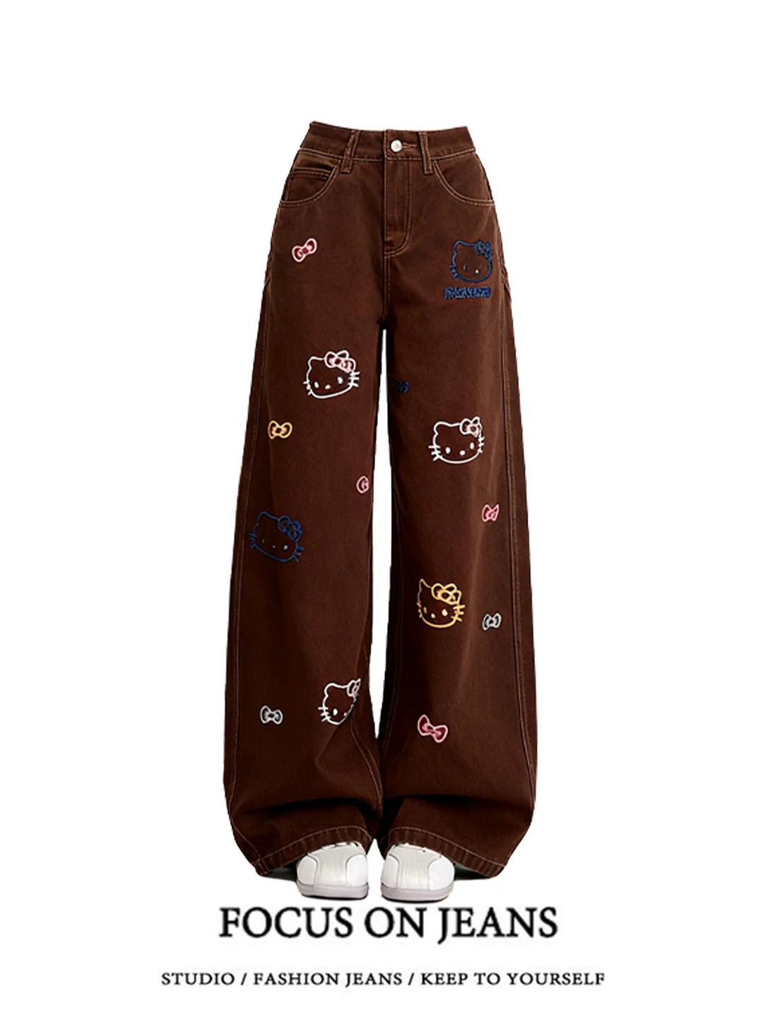 Cartoon-Kit Bestickte Braune Weite Jeans für Damen, Locker Geschnittene Schlankmachende Bodenlange Gerade Hose mit Hoher Taille und Knopfverschluss