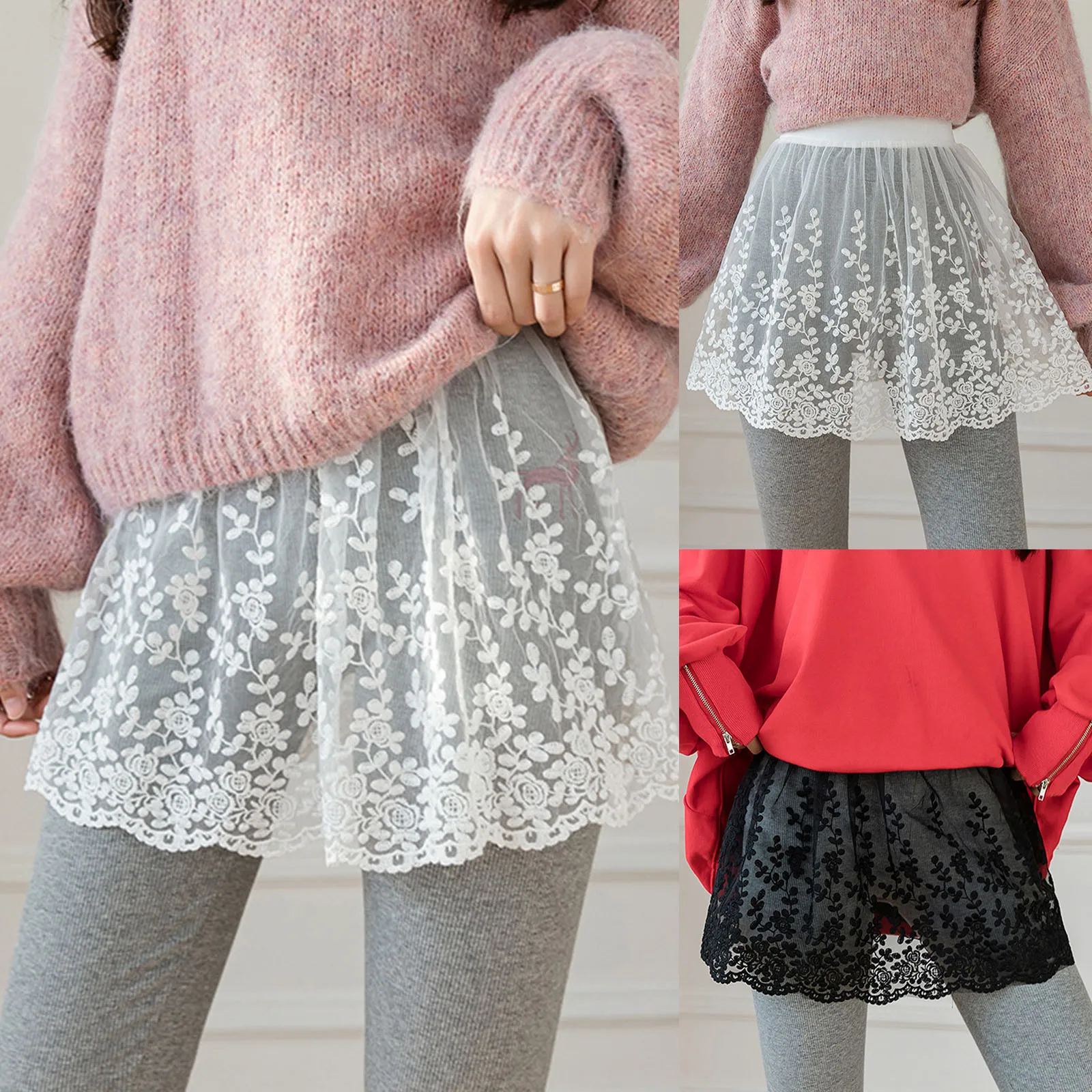 Women Skirt Extender with Lace Hem 2025 Spring Autumn Layering Fake Tops Hemline Flower Embroidery Mini Skirt Black White