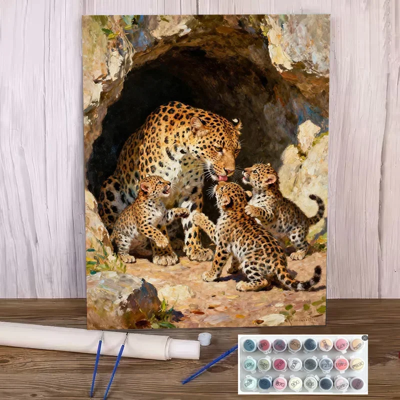 Professional Art Use, 2D Flat Adult Beginner DIY Paint by Numbers Kit - Includes Intimate Moment Between Mother Leopard and Cub,