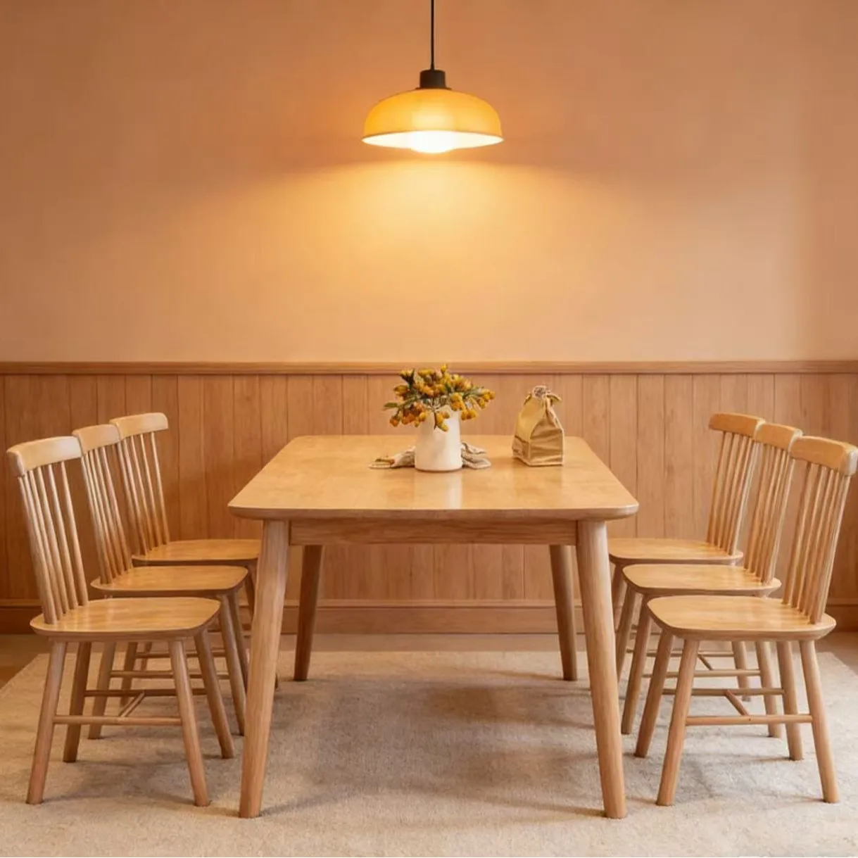 Solid wood dining table and chairs family dining table Solid wood combination hotel rectangular small