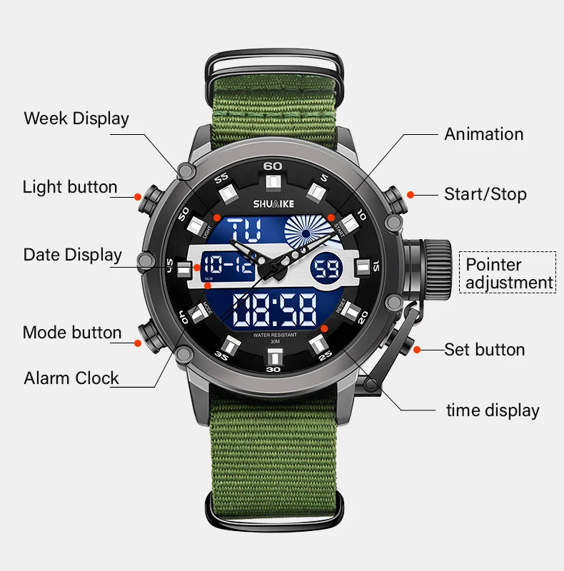 

Fashion Luxury Men's Dual Display Quartz Digital Watch 30m Waterproof Watch Led Quartz Sports Watch Nylon Watch