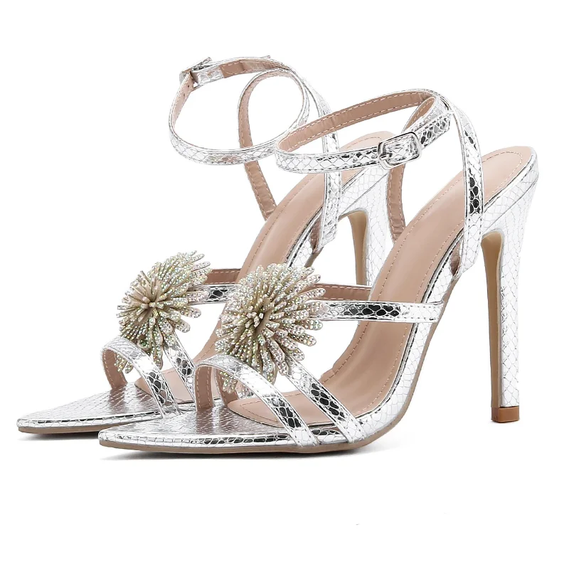 

New Summer Women's High-heeled Sandals, Colorful Rhinestone Flowers, Stiletto Heel, Open Toe, Sexy Pointed Toe Catwalk Sandals