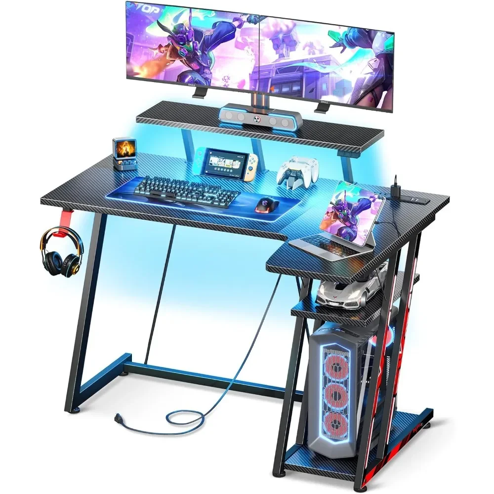 

Small Gaming Desk with LED Lights & Power Outlets, 39 Inch L Shaped Gaming Computer Desk with Storage Shelf, Gamer Desk