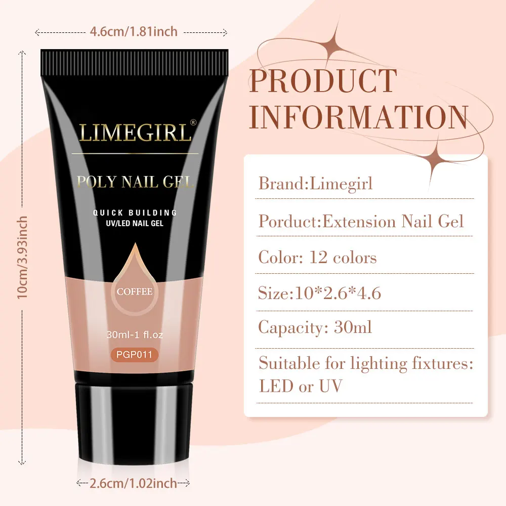LIMEGIRL بولي جيل للأظافر 30 مللي مسمار بريق بناء سريع تمديد هلام للمظهر الطبيعي ثلاثية الأبعاد صب هلام لصالون رسومات أظافر لتقوم بها بنفسك
