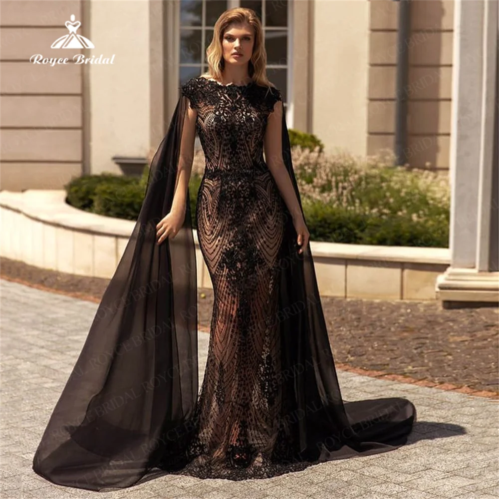 Luxury Black Lace Sheath Bodice Wedding Dress Allure Mermaid Scoop Neck With Long Chiffon Sleeves Bridal Gown Vestido Blanco