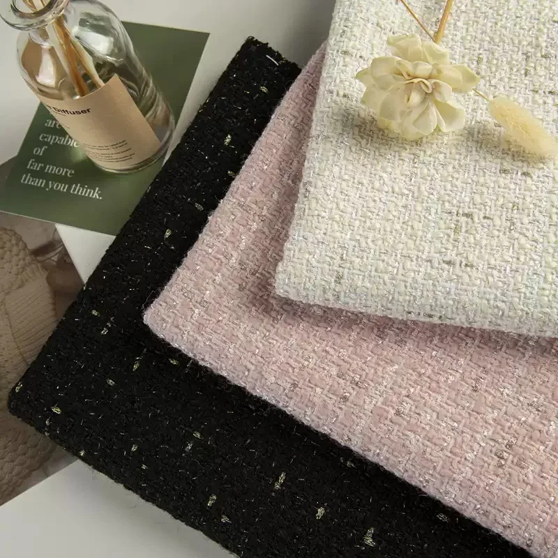 Beige Color and Gold Wire Yarn-dyed Tweed Fabric For Autumn Coat Dress Jacket Handbag DIY Cloth Sewing Material - view 2