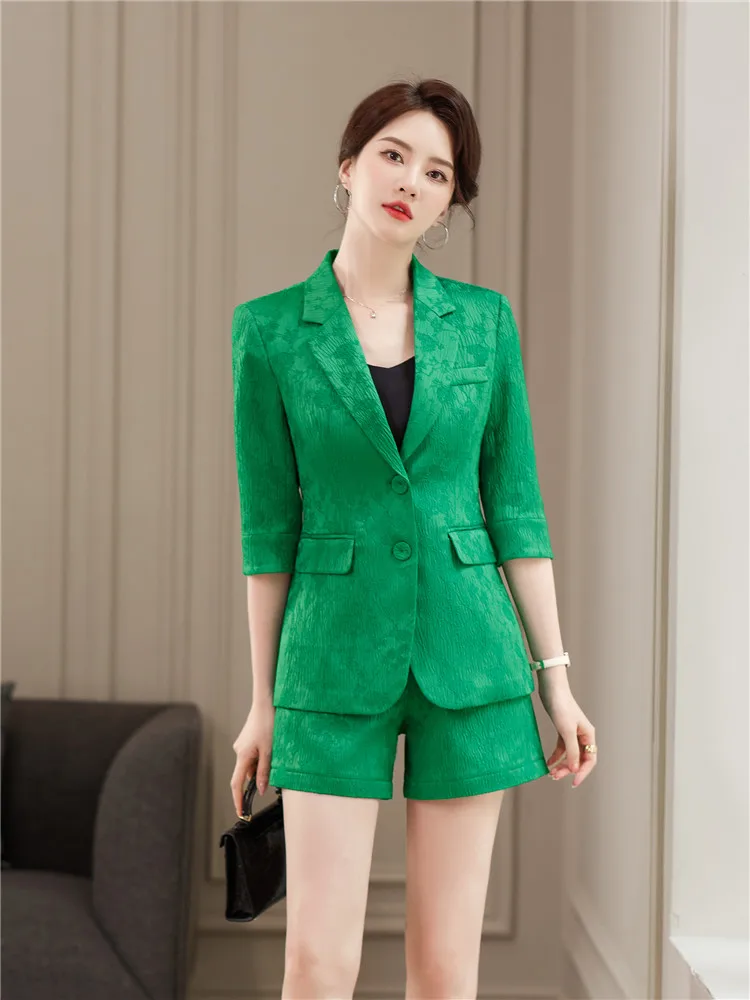 Shorts e blazer estampados para mulheres, terno feminino, roupas elegantes, em relevo, verde, cáqui, primavera, verão, conjuntos 2 pcs