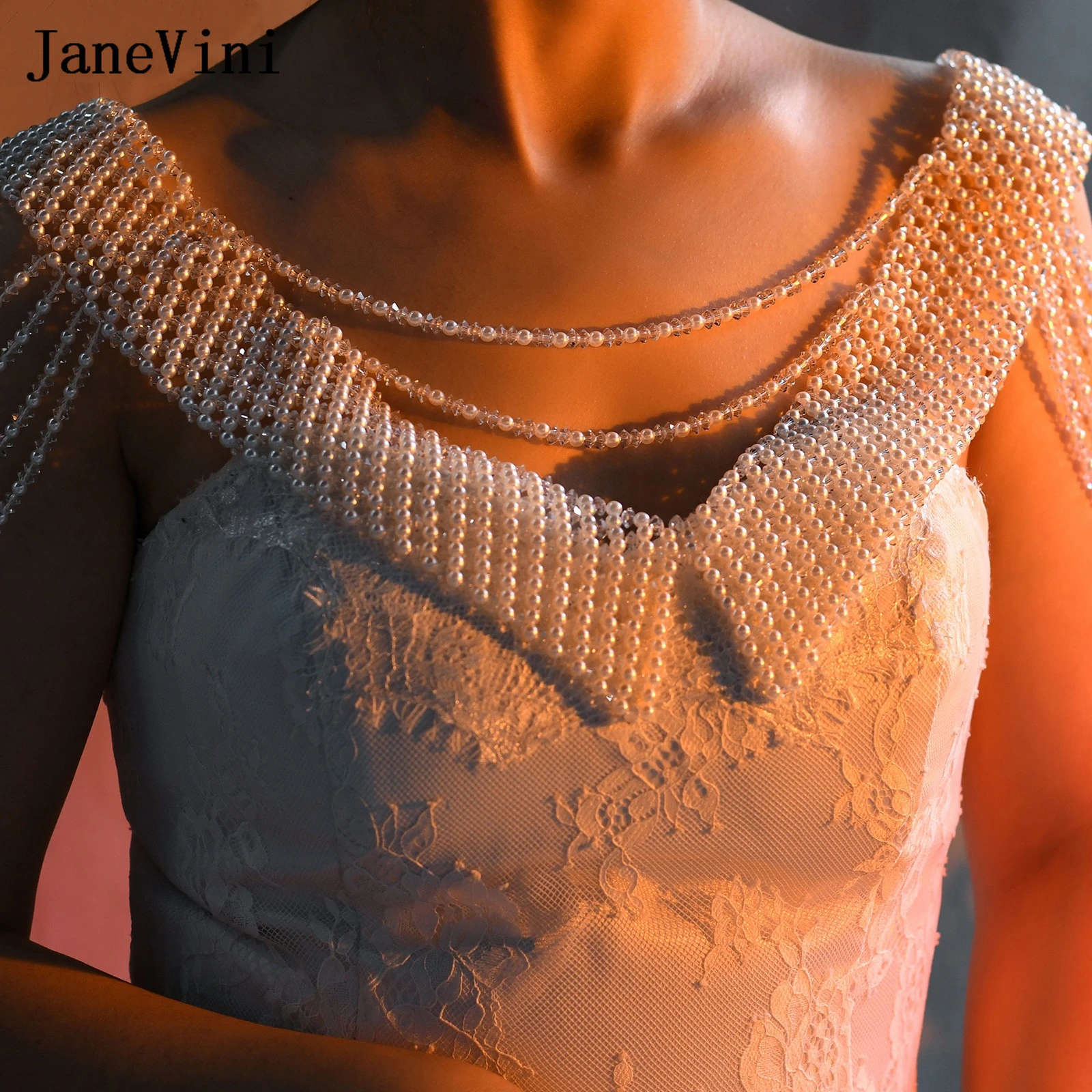 JaneVini Luxury Pearl Crystal Bridal Shoulder Necklace Beaded Wedding Shawl Body Chain Multi-layer Bride Shrugs Perle Braut Cape