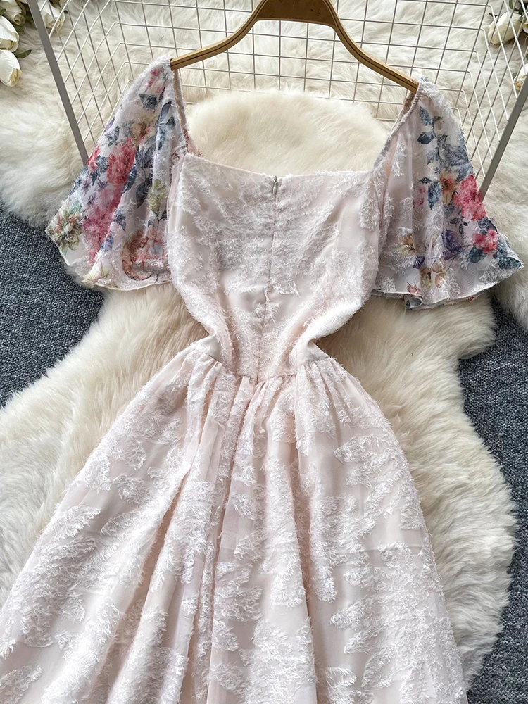 Holiday Printed Sweet Dress for Women\'s Summer New Short Sleeved Square Neck High Waist Slim Fit Large Swing Long Dress S612