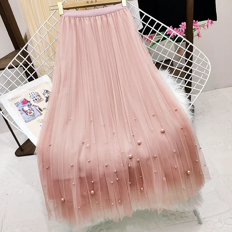 Women's Luxury Elegant Pearl Tulle Skirt Fashion High Waist A-Line Pleated Skirt Mid Length Korean Casual Style High-quality