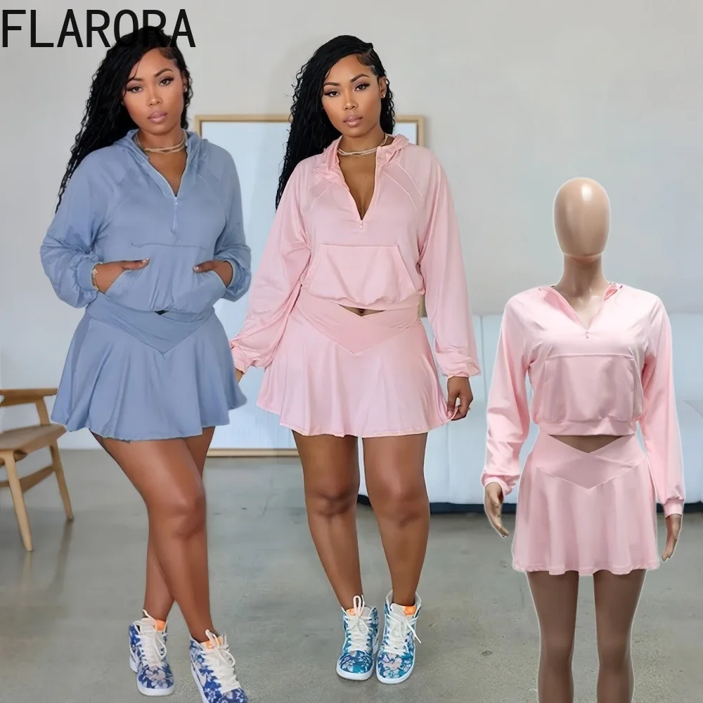 

FLARORA Casual Solid Color Skirt 2 Pcs Sets Woman Long Sleeve Hoodie Crop Coats And Pleated Skirts Outfits Summer New Tracksuits