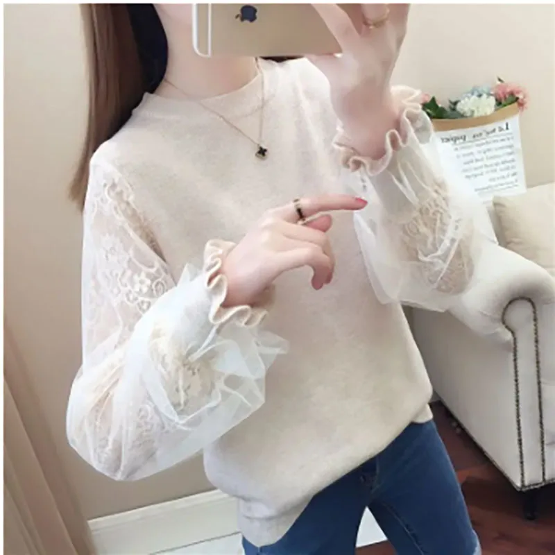 Fashion Knitted Spliced Gauze Lace Tee Shirt Female Clothing 2023 Autumn Winter Loose Casual Tops Butterfly Sleeve T-Shirt