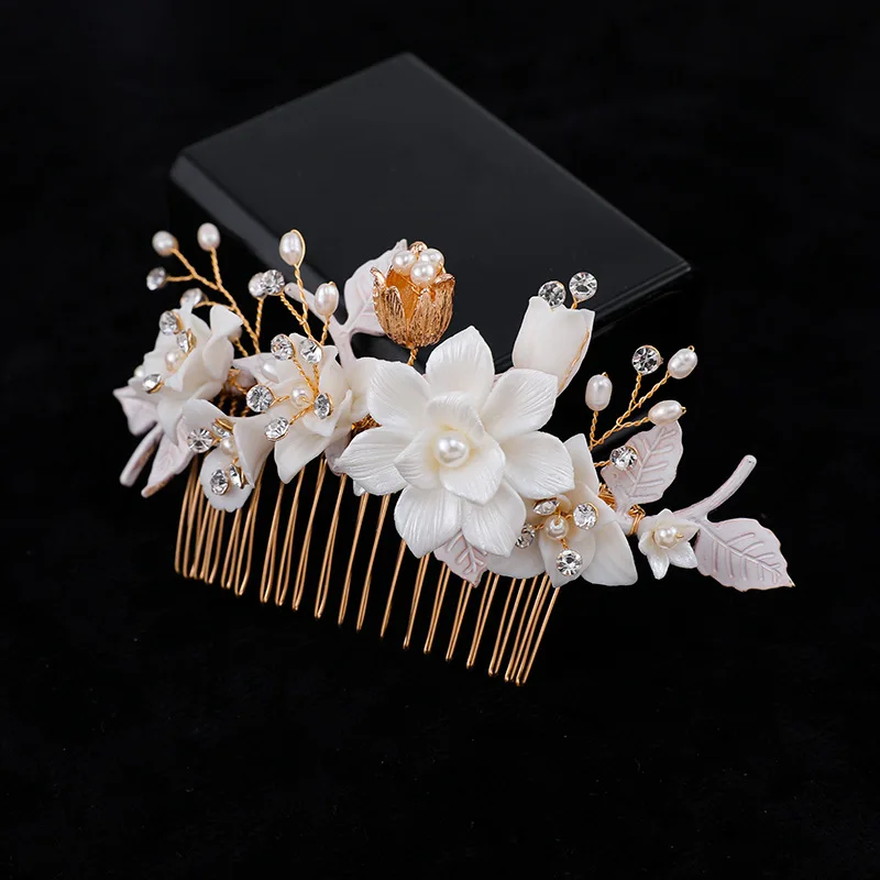 Bridal Hair Piece Comb Ceramic Floral Women Freshwater Pearls Jewelry Gold Color Wedding Headpiece Accessories