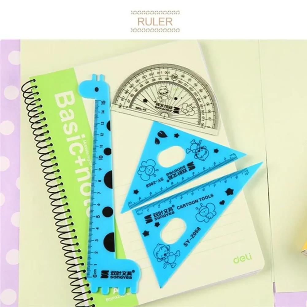 4pcs Student Ruler 1 Set Cute Cartoon Giraffe Animal Students' Ruler Meter Triangle Ruler