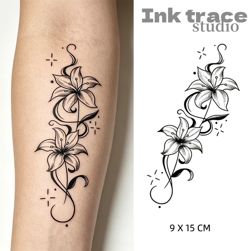 Waterproof Long-Lasting Realistic Black Lily Tattoo Stickers for Women Arm Forearm High-End Floral Arm Tattoo Decals