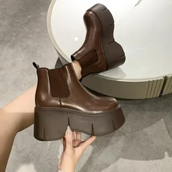 8CM Heels Winter Women Leather Chunky Ankle Boots 2023 Autumn High Platform Boots Woman Thick Bottom Non Slip Motorcycle Booties