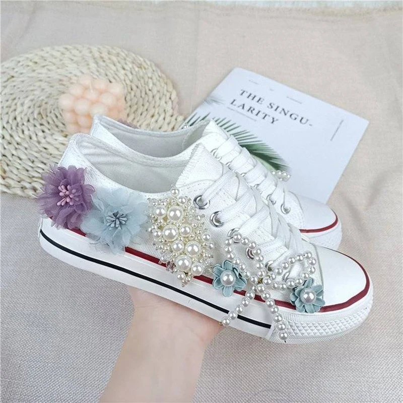 Girls Canvas Shoes Women's Spring/Autumn Casual Shoes Pearl Flower Fashion Flat Ribbon Lace-up Comfortable Vulcanized Shoes