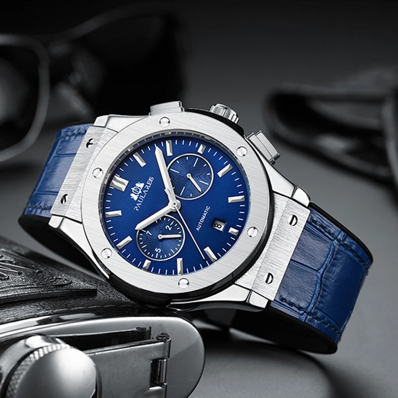 PAULAREIS P العلامة التجارية الجديدة ساعة رجالي ريترو موضة ساعة ميكانيكية الرجال الفاخرة حزام من الجلد مقاوم للماء تاريخ ساعة أوتوماتيكية الذكور