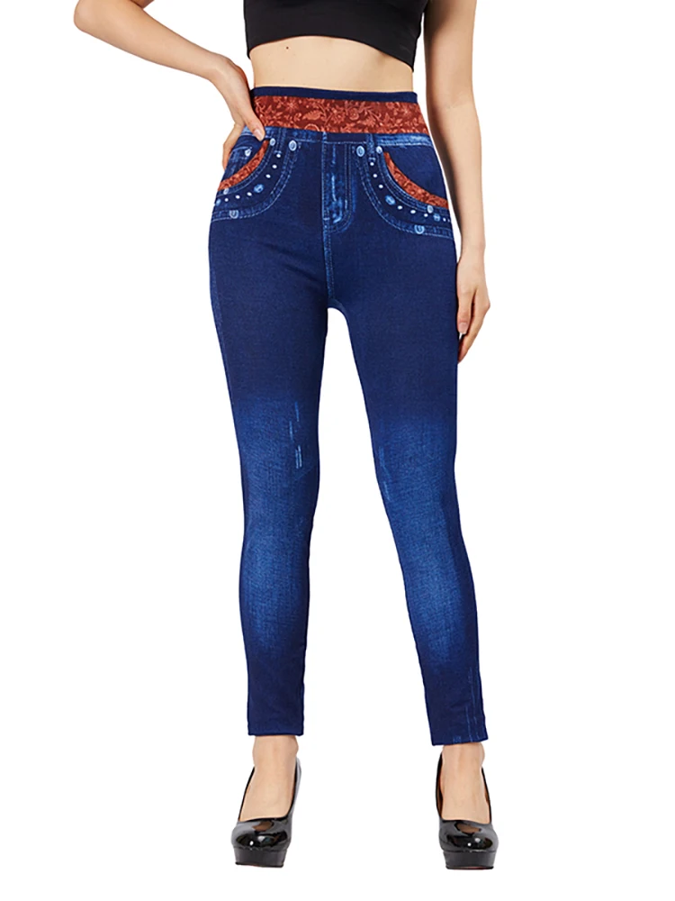 CUHAKCI tasche per cintura rosse stampate Leggings in Denim da donna finti Slim Fit Elastic Faux Jeggings pantaloni a matita in Denim finto blu scuro