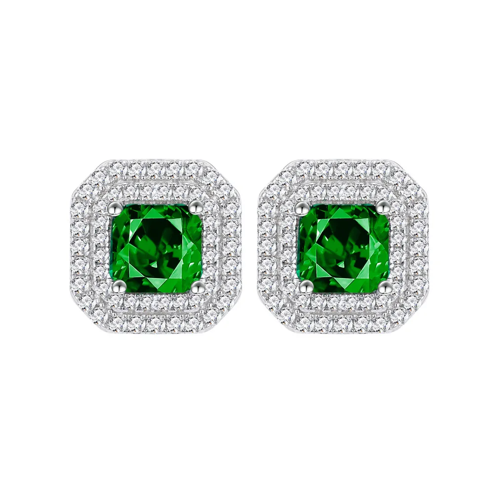 Zhenchengda Classic Square Micro Set Full Diamond Earrings S925 Sterling Silver Artificial Emerald Earrings