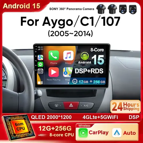 Android 15 Radio del coche para Peugeot 107 Toyota Aygo Citroen C1 2005-2014 estéreo Carplay Android Auto reproductor Multimedia 2Din