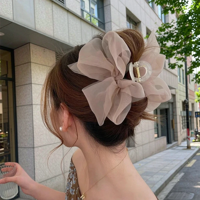 Korea Sweet Big Bow Tulle Hair Claw Clips for Women White Black Bowknot Shark Clip Hair Clamp Hairpin Headdress Accessories