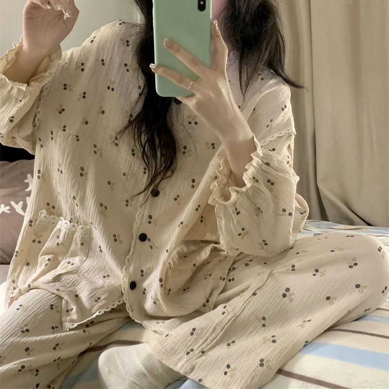 Cherry Sleepwear Button Women Pajamas Set Autumn Piiama Korean Ruffles Long Sleeve Sets 2 Pieces Night Wears Lace Home Wear New