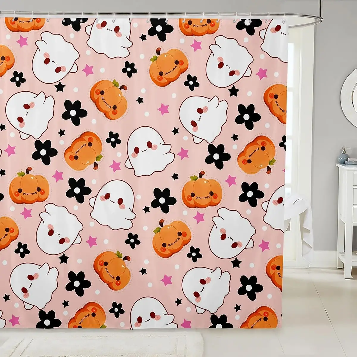 

Розовая занавеска для ванной комнаты на тему Хэллоуина, милая занавеска для душа с тыквой и призраком, кавайные звезды, цветы, узор, аксессуары для ванной комнаты для