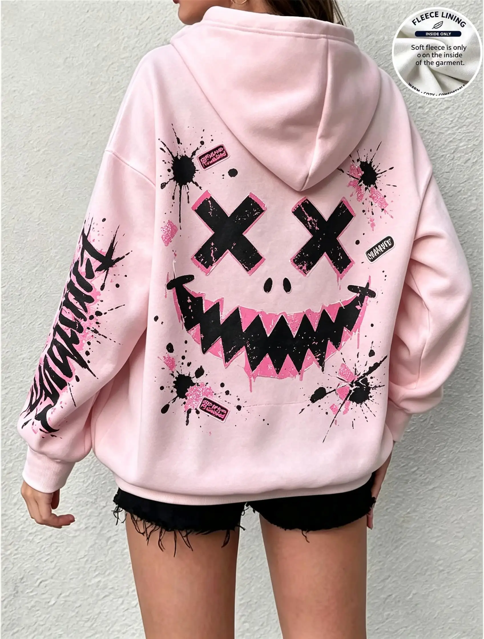 Women Fleece Hoodie Graffiti Devil Smiley Face Back Print Loose Long Sleeve Sweatshirt