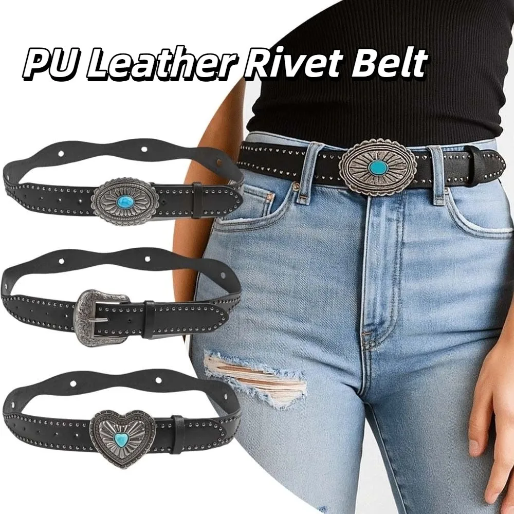 

Adjustable Metal Buckle PU Leather Rivet Belt Punk Korean Style Wide Waistband Heart Gothic Y2K Girl Waistband Daily