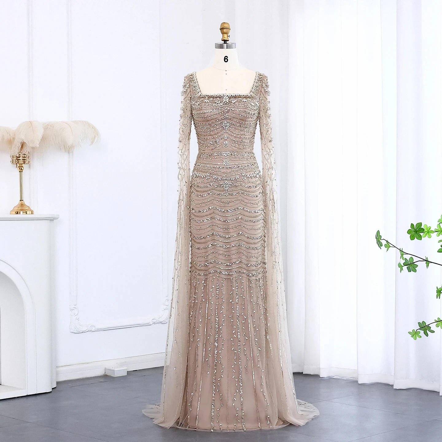 Luxury Caramel Mermaid Evening Dress With Cape Sleeves Square Neck Formal Gowns Women Wedding Party Lsz330 Customized