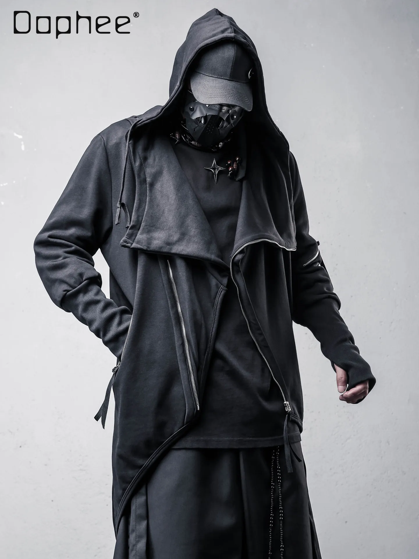 

Spring and Autumn Men's Dark Asymmetric Design Mid-Length Coat Gothic High Street Hooded Side Zipper Cape Trench