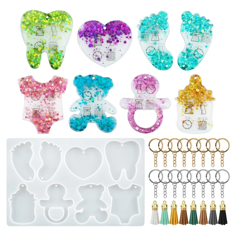 Cute Silicone Resin Keychain Mold Set Jewelry Pendant Casting Mold DIY Epoxy Keychain Mold with Keychain Rings Tassel